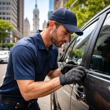 Car locksmith opening locked vehicle door in Philadelphia