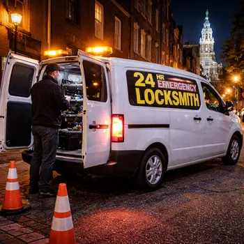 Emergency locksmith service vehicle responding to late night call in Philadelphia