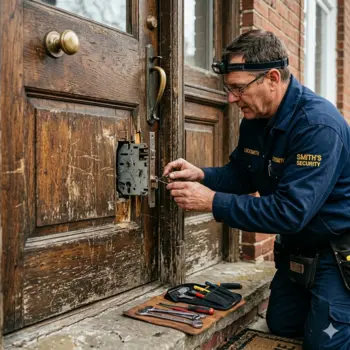Locksmith repairing damaged door lock on South Philadelphia rowhouse