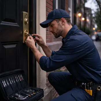 Locksmith servicing door lock in West Philadelphia neighborhood
