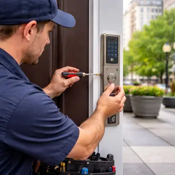 Locksmith servicing condo door lock near Rittenhouse Square Philadelphia