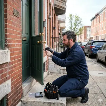 Locksmith servicing front door lock on South Philadelphia rowhouse
